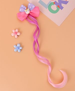 Babyhug Bow & Unicorn Applique Clip Hair Extensions -  Fushia