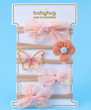 Babyhug Bow Butterfly & Flower Applique Headbands Pack of 5 - Peach