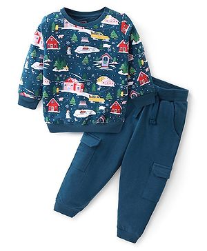 Babyhug Cotton Knit Full Sleeves T-Shirt & Lounge Pants Set With Christmas Theme Print - Navy