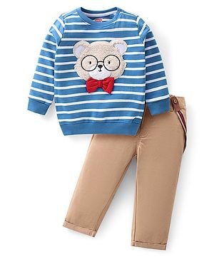 Babyhug Cotton Knit Full Sleeves Striped T-Shirt & Woven Lounge Pants Set With Teddy Applique & Suspender - Blue & Brown