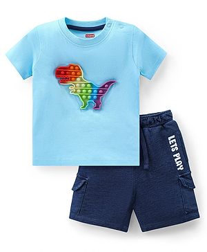 Babyhug Single Jersey Knit Half Sleeves T-Shirt & Shorts Set with Dino Pop It Applique - Blue