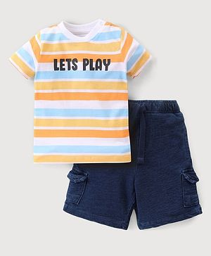 Babyhug Single Jersey Knit Half Sleeves Striped T-Shirt & Shorts Set - Navy Blue
