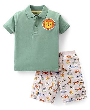 Babyhug Cotton Knit Half Sleeves Polo T-Shirt & Shorts Set With Lion Applique & Animals Print - Green & White