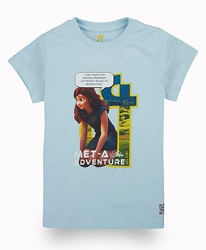 GINI & JONY Half Sleeves Girl &  Met A adventure Text Printed Tee - Blue