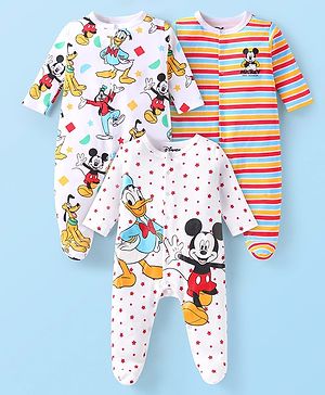 Babyhug Dinsey Interlock Knit Full Sleeves Sleep Suits With Mickey Mouse & Donald Duck Graphics Pack of 3 - White & Red