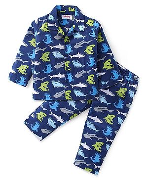 Babyhug Cotton Woven Full Sleeves Night Suit With Sharks Print - Navy
