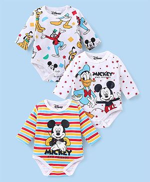 Babyhug Disney Interlock Knit Full Sleeves Mickey Mouse Printed Onesies Pack of 3 - White