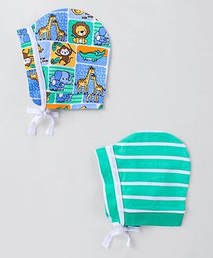 Babyhug 100% Cotton Knit Striped & Monkey Printed Caps Pack of 2 - Multicolor