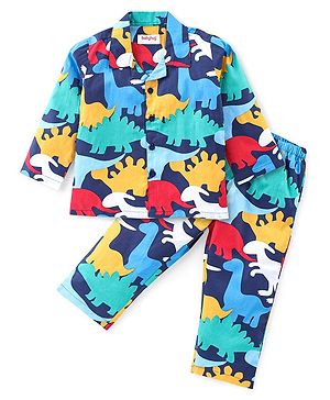 Babyhug Cotton Woven Front Open Full Sleeves Night Suit with Dino Print - Blue