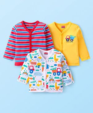Babyhug 100% Cotton Full Sleeves Front Open Vests Vehicle Print Pack of 3 - Red White & Yellow