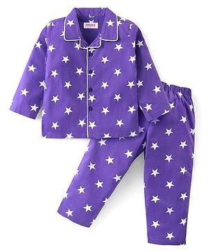 Babyhug Cotton Woven Full Sleeves Front Open Night Suit With Stars Print - Purple