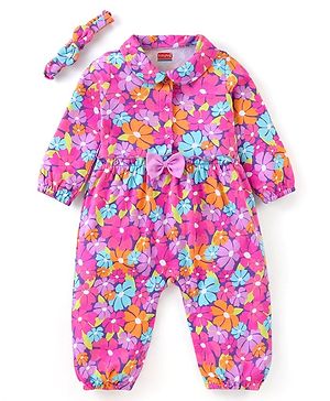 Babyhug 100% Cotton Interlock Full Sleeves Floral Printed Romper with Hairband & Bow Applique - Dark Pink
