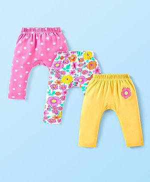 Babyhug Interlock Knit Full Length Diaper Leggings With Floral & Polka Dots Print Pack Of 3 - Pink & Yellow