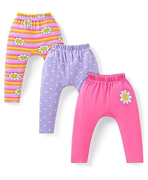 Babyhug Cotton Knit Full Length Diaper Leggings With Floral & Polka Dots Print Pack Of 3 - Pink Yellow & Lilac