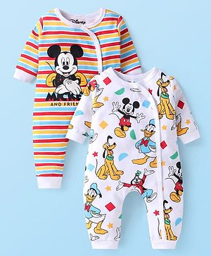 Babyhug Disney Interlock Knit Full Sleeves Rompers with Mickey Mouse Print Pack of 2 - White  Green & Red