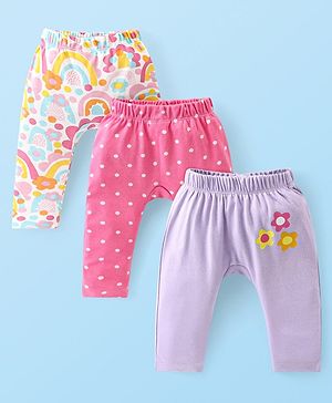 Babyhug Interlock Knit Full Length Diaper Leggings Polka Dots & Floral Print Pack of 3 - Pink & Lilac