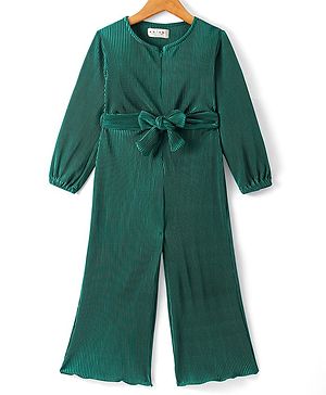 Arias Knitted Full Peasant Sleeves Fit and Flare Jumpsuits With Bow Applique & Ribbed Design - Green