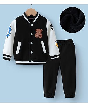 Kookie Kids Full Sleeves Front Open Winter Wear Suit With Teddy Applique - Black