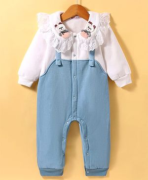 Kookie Kids Full Sleeves Solid Colour Romper with Bear Applique  - Light Blue