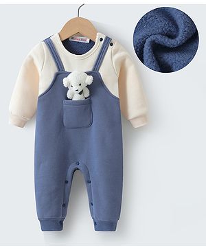 Kookie Kids Full Sleeves Solid Colour Winter Wear Romper with Teddy Bear 3D Applique - Navy Blue