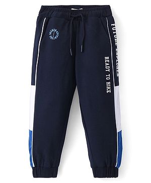 Arias Cotton Looper Full Length  Jogger Fit Lounge Pant with Colour Block & Text Print - Navy