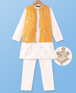 Pine Kids Woven Full Sleeves Kurta Pyjama with Jacket with Sequins & Floral Embroidery - Mustard