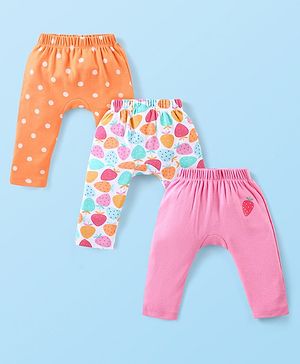 Babyhug Interlock Knit Full Length Diaper Leggings With Strawberries & Polka Dots Print Pack Of 3 - Pink Off White & Orange