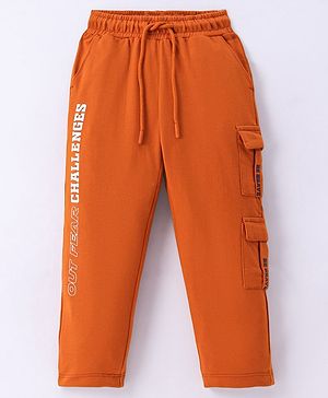 Arias Cotton Looper Knit Full Length Lounge Pants With Text Print & Cargo Pockets - Dark Orange