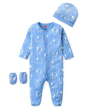 Babyhug Cotton Knit Full Sleeves Footed Sleep Suit with Cap & Mittens Elephant Print - Blue