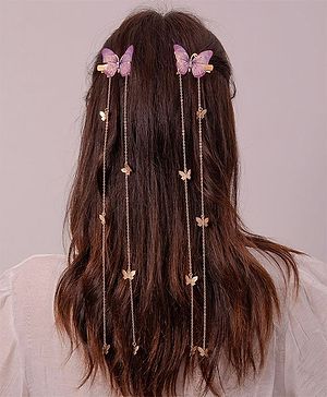 Ziory Set Of 2 Butterfly Tassel Detailed Hair Clips -   Pink & Golden