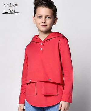 Arias Looper Knit Full Sleeves Solid Hooded T-Shirt - Red