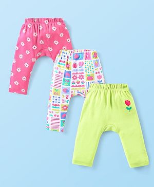 Babyhug Interlock Full Length Comfort Fit Diaper Leggings Floral Print Pack of 3 - Dark Pink White & Light Green