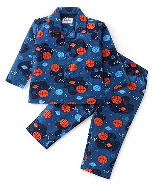 Babyhug Cotton Woven Front Open Full Sleeves Night Suit with Space Theme Print- Navy Blue