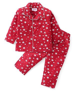 Babyhug Cotton Woven Front Open Full Sleeves Night Suit with Stars Print-Red