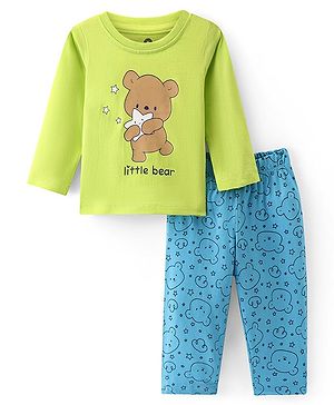 Doodle Poodle 100% Cotton Knit Full Sleeves Night Suit With Teddy Print - Lime & Blue