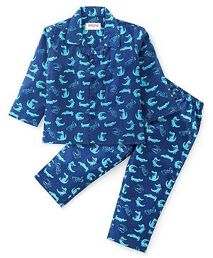 Babyhug Cotton Woven Full Sleeves Night Suit With Croc Print - Blue