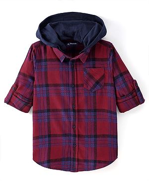 Pine Kids Cotton Woven Brushed Checkered Full Sleeves Hooded Shirt - Red