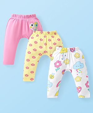 Babyhug Interlock Knit Full Length Diaper Leggings With Hearts & Floral Print Pack Of 3 - Yellow White & Pink
