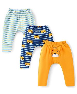 Babyhug Interlock Cotton Knit Full Length Striped Diaper Leggings With Tiger Print Pack of 3 - Blue & Yellow