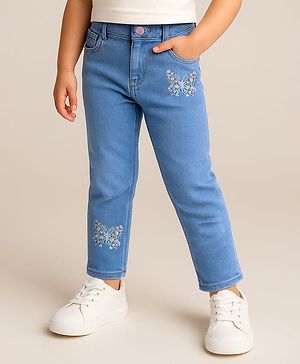 Babyhug Woven Full Length Washed Denim Jeans With Stretch & Floral Embroidery - Blue