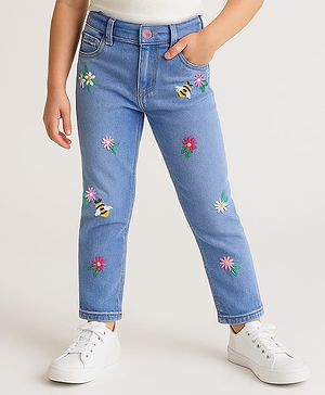 Babyhug Full Length Washed Denim Jeans With Floral & Honey Bee Embroidery & Stretch - Blue