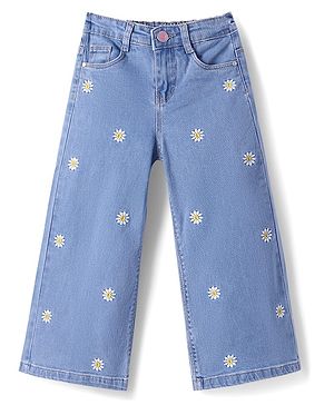 Babyhug Full Length Washed Denim Jeans with Floral Embroidery & Stretch - Light Blue