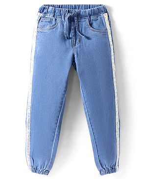Babyhug Full Length Washed Denim Jogger With Tape & Stretch - Blue