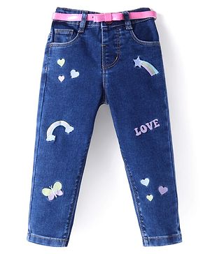 Babyhug Denim Washed Full Length Jeans with Stretch Heart print & Text Embroidered - Blue