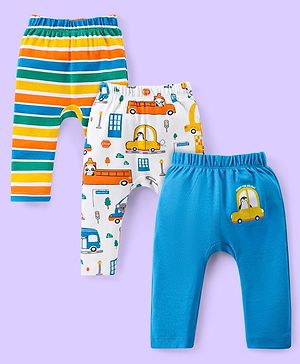 Babyhug Interlock Knit Full Length Diaper Leggings Vehicle & Animals  Print Pack of 3 - Blue & White
