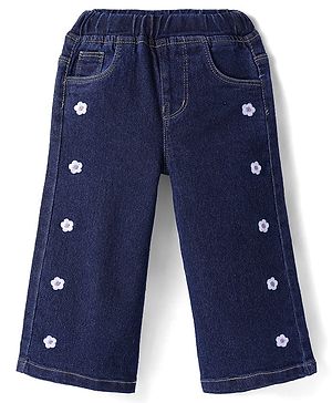 Babyhug Full Length Washed Denim Jeans With Stretch & Floral Embroidery - Navy Blue