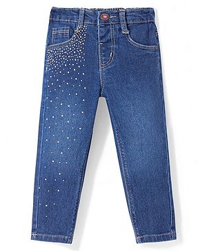 Babyhug Denim Full Length Solid Jeans with Beads Detailing - Blue