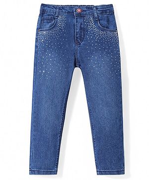 Babyhug Denim Full Length Solid Jeans with Beads Detailing - Blue