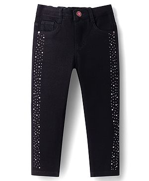 Babyhug Full Length Washed Denim Jeans With Glitter Print & Stretch - Black