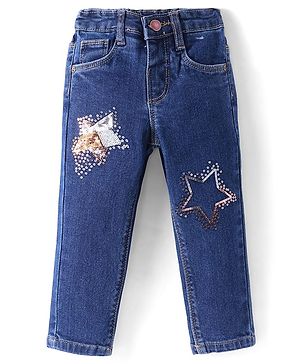 Babyhug Full Length Washed Denim Jeans With Sequin Detailing & Stretch - Blue